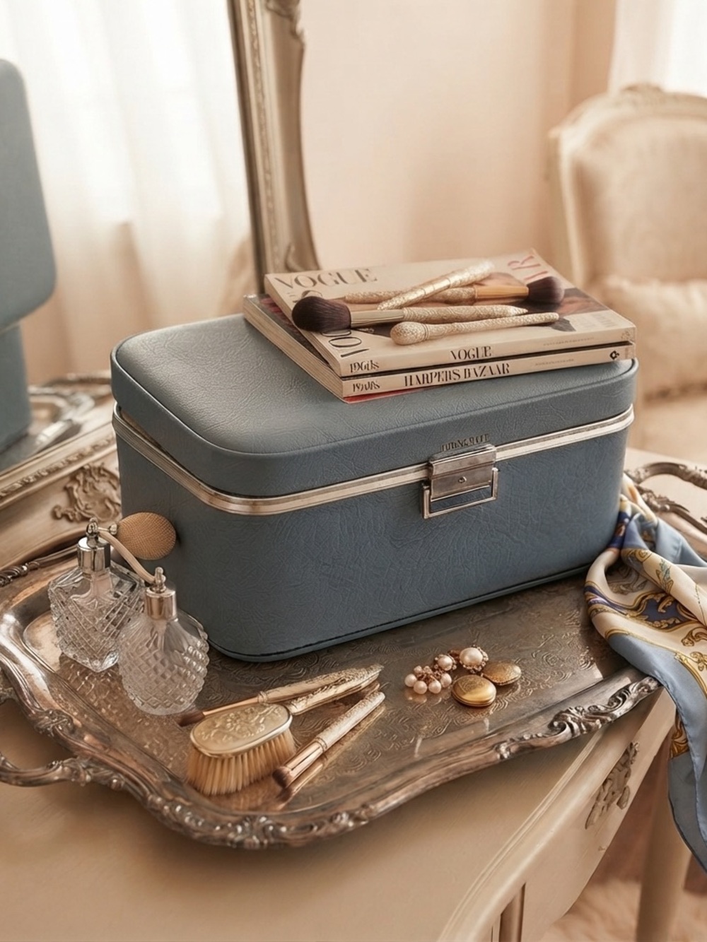 Vintage Towncraft Slate Blue Train Case Hard Shell Makeup Cosmetic Travel Bag